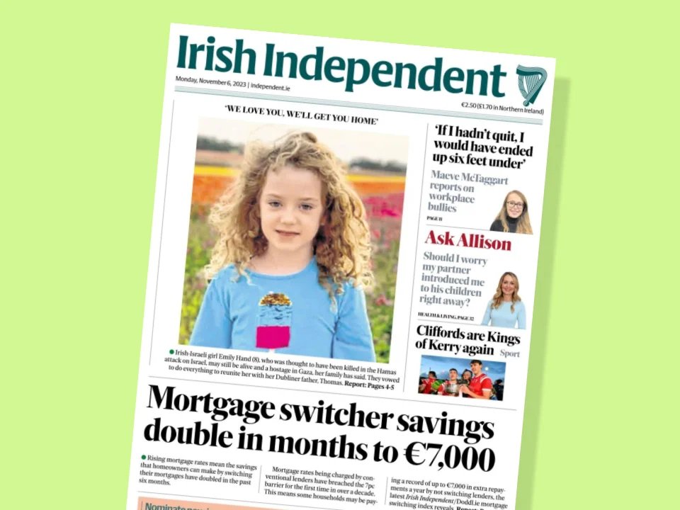 front page of irish independent newspaper - mortgage switching index - doddl